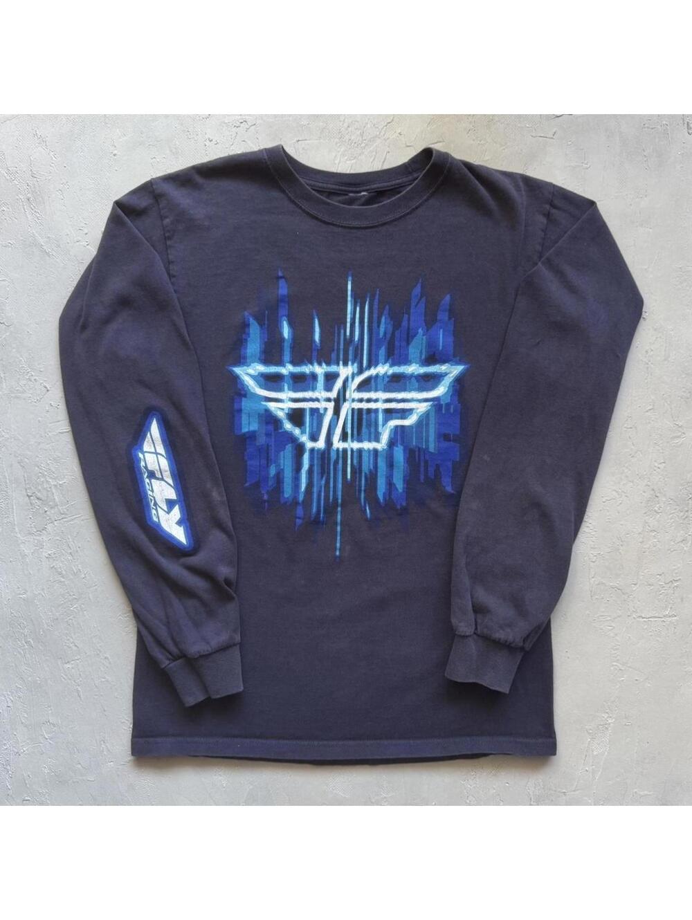 Vintage 2000s Fly Racing Faded Blue Long Sleeve T Shirt Flame Sleeve Hits Size M